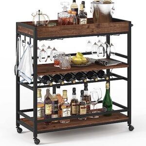 bon augure bar cart for the home, rolling home bar serving cart on wheels, 3 tier liquor beverage cart for home bar with wine rack and glass holder, rustic oak