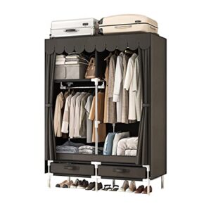 leaijiafy small portable cloth wardrobe closet for hanging clothes with 2 drawers,brown armoire with 2 hanging rods,clothes rack storage organizer with non woven fabric cover,for bedroom
