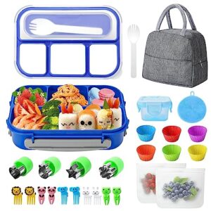 27 pcs bento box lunch box kit, 1300ml large 4-compartment lunch container w/ utensils lunch bag accessories, durable leakproof microwave dishwasher freezer safe meal prep container for kids adults