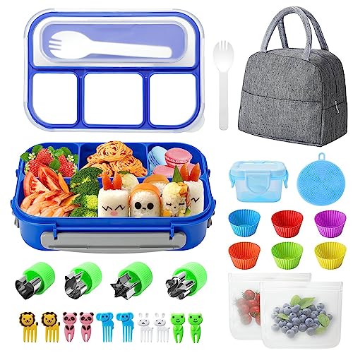 27 PCs Bento Box Lunch Box Kit, 1300ML Large 4-Compartment Lunch Container w/ Utensils Lunch Bag Accessories, Durable Leakproof Microwave Dishwasher Freezer Safe Meal Prep Container for Kids Adults