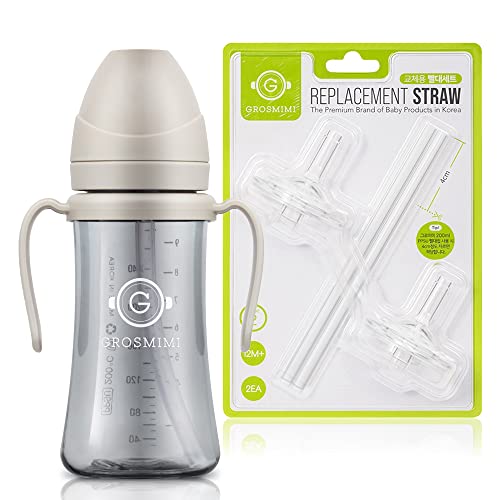 GROSMIMI PPSU Spill Proof Magic Sippy Cup 10 oz (Beige) + Replacements (Straw kit 2-counts, Stage 2)