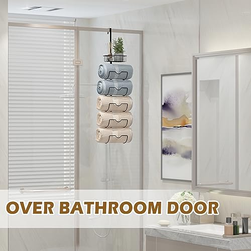 X-cosrack Over Door Towel Rack for Bathroom - Wall Mount Towel Holder with 6 Compartments - Rolled Towel Organizer Door Hanging - Matte Black