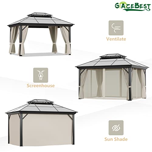 GAZEBEST 10' X 13' Permanent Hardtop Gazebo, Outdoor Polycarbonate Double Roof Pavilion Pergola Canopy with Aluminum Frame and Privacy Curtains for Patio, Garden, Backyard, Lawn