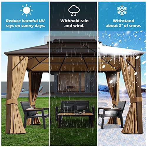 GAZEBEST 10' X 13' Permanent Hardtop Gazebo, Outdoor Polycarbonate Double Roof Pavilion Pergola Canopy with Aluminum Frame and Privacy Curtains for Patio, Garden, Backyard, Lawn