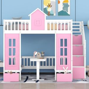 meritline full loft beds with stairs and desk, wooden castle shaped full over full bunk bed with changeable desk,storage bunk bed with drawers for kids girls boys teens, pink