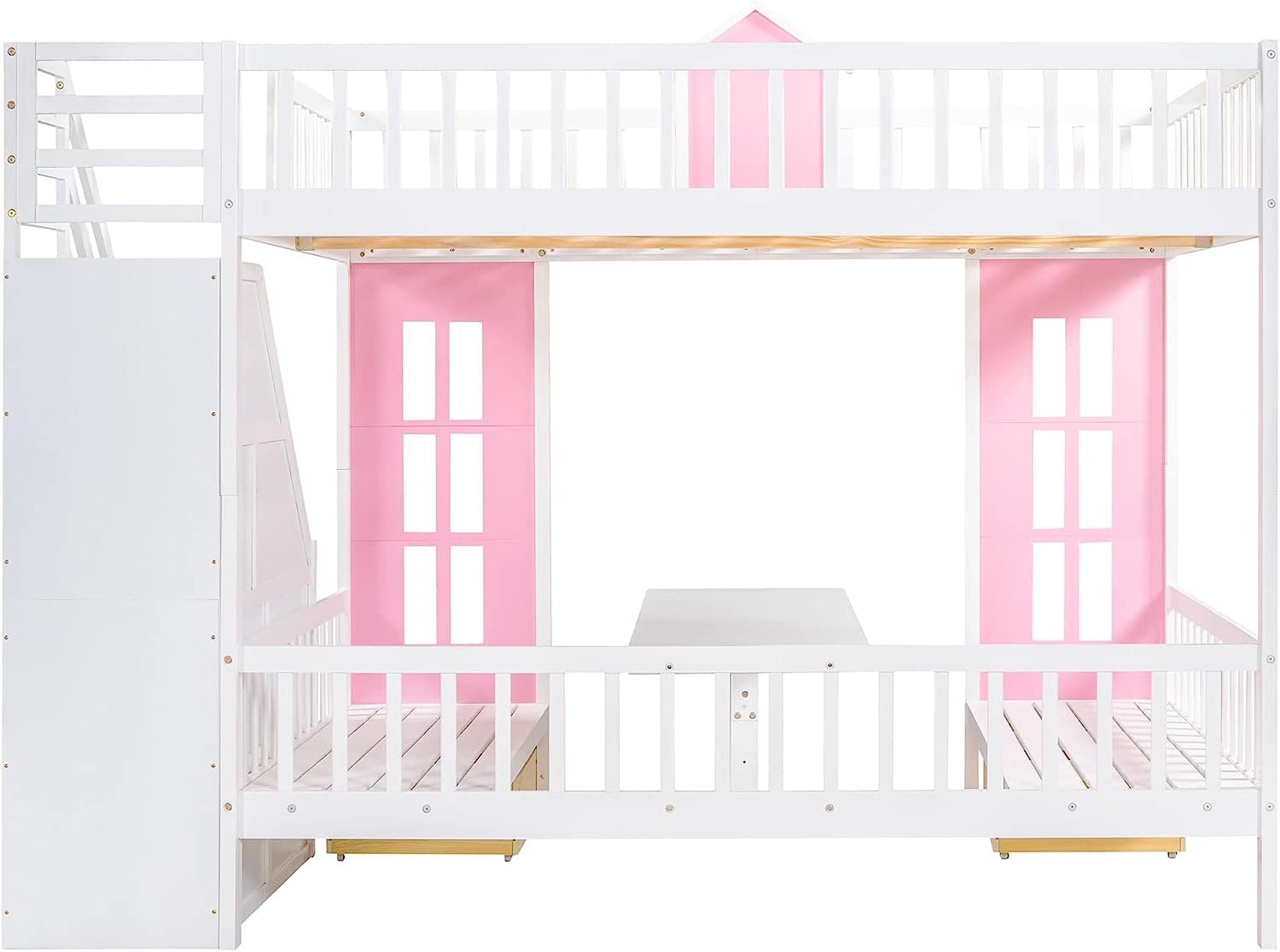 MERITLINE Full Loft Beds with Stairs and Desk, Wooden Castle Shaped Full Over Full Bunk Bed with Changeable Desk,Storage Bunk Bed with Drawers for Kids Girls Boys Teens, Pink