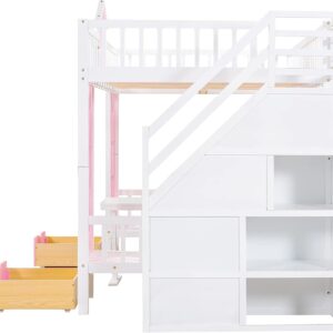 MERITLINE Full Loft Beds with Stairs and Desk, Wooden Castle Shaped Full Over Full Bunk Bed with Changeable Desk,Storage Bunk Bed with Drawers for Kids Girls Boys Teens, Pink