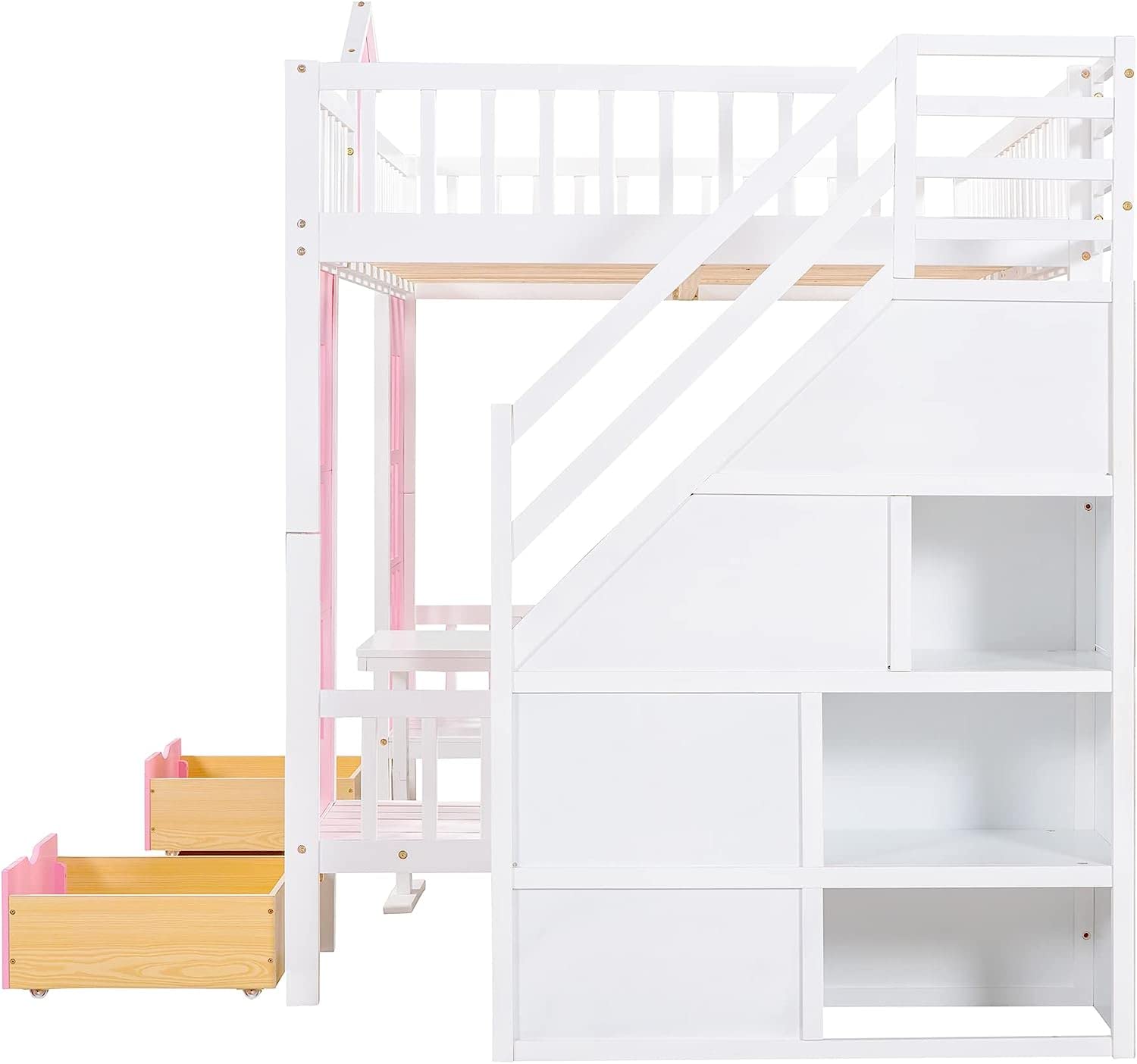 MERITLINE Full Loft Beds with Stairs and Desk, Wooden Castle Shaped Full Over Full Bunk Bed with Changeable Desk,Storage Bunk Bed with Drawers for Kids Girls Boys Teens, Pink