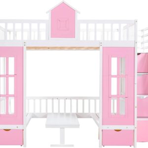 MERITLINE Full Loft Beds with Stairs and Desk, Wooden Castle Shaped Full Over Full Bunk Bed with Changeable Desk,Storage Bunk Bed with Drawers for Kids Girls Boys Teens, Pink