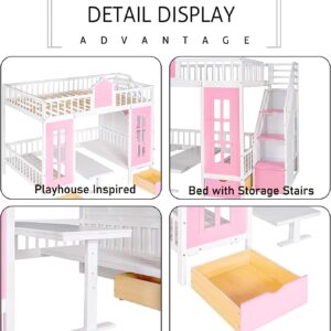 MERITLINE Full Loft Beds with Stairs and Desk, Wooden Castle Shaped Full Over Full Bunk Bed with Changeable Desk,Storage Bunk Bed with Drawers for Kids Girls Boys Teens, Pink