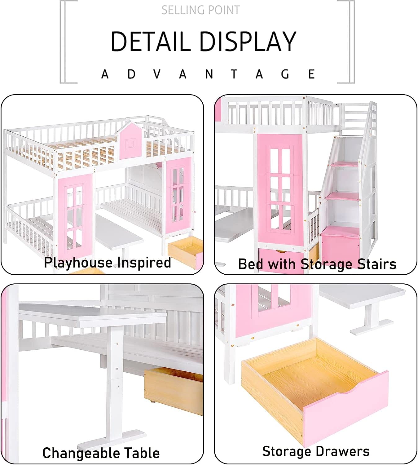 MERITLINE Full Loft Beds with Stairs and Desk, Wooden Castle Shaped Full Over Full Bunk Bed with Changeable Desk,Storage Bunk Bed with Drawers for Kids Girls Boys Teens, Pink