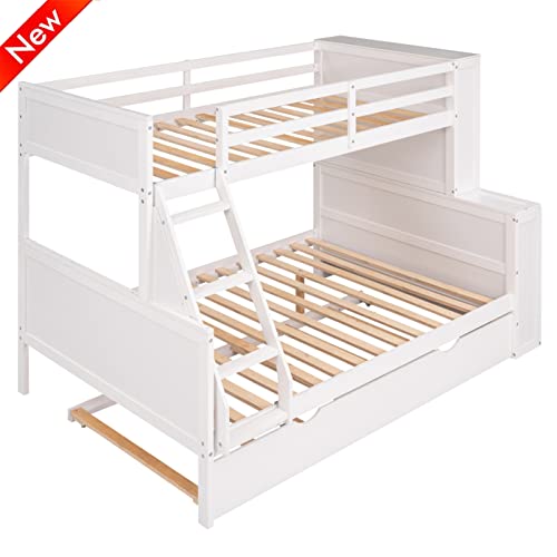 SNIFIT Upgraded Version & Stronger Solid Wood Convertible Bunk Bed Twin Over Full with Trundle & Storage Shelves, Thickened More Stable Wooden Twin Over Full Size Bunk Bed (Easier Assembly) (White)