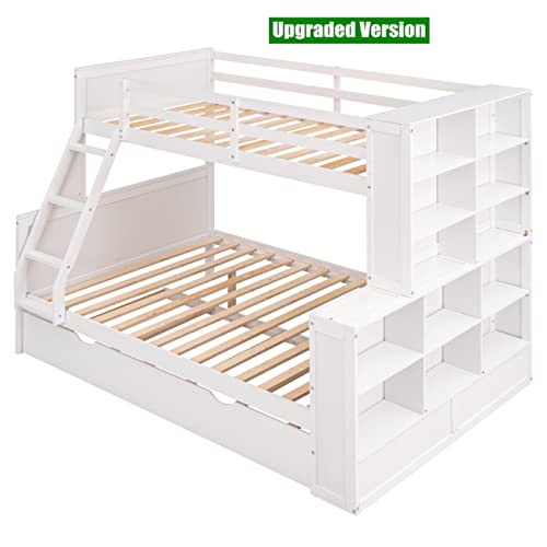 SNIFIT Upgraded Version & Stronger Solid Wood Convertible Bunk Bed Twin Over Full with Trundle & Storage Shelves, Thickened More Stable Wooden Twin Over Full Size Bunk Bed (Easier Assembly) (White)