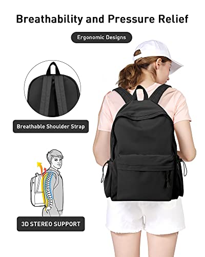 Black Backpack for Women Men, Waterproof High School Bookbag,Lightweight Casual Travel Daypack,Classic Basic College Backpack,Middle School Bag for Teen Girls Boys