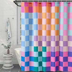 RoomTalks Multicolored Checkered Retro Fabric Shower Curtain for Bathroom, Heavy Duty & Waterproof Bright Rainbow Colorful Modern Simple Groovy Aesthetic Shower Curtain Set with Hooks Bathroom Decor