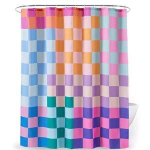 RoomTalks Multicolored Checkered Retro Fabric Shower Curtain for Bathroom, Heavy Duty & Waterproof Bright Rainbow Colorful Modern Simple Groovy Aesthetic Shower Curtain Set with Hooks Bathroom Decor