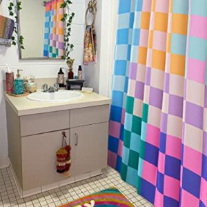 RoomTalks Multicolored Checkered Retro Fabric Shower Curtain for Bathroom, Heavy Duty & Waterproof Bright Rainbow Colorful Modern Simple Groovy Aesthetic Shower Curtain Set with Hooks Bathroom Decor