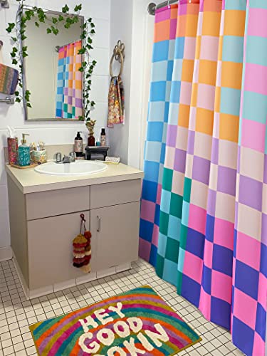 RoomTalks Multicolored Checkered Retro Fabric Shower Curtain for Bathroom, Heavy Duty & Waterproof Bright Rainbow Colorful Modern Simple Groovy Aesthetic Shower Curtain Set with Hooks Bathroom Decor