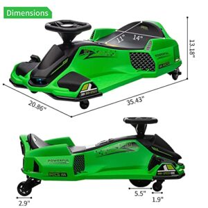 24V Kids Ride on Drift Car for Kids, Electric Drifting Go-Kart Up to 7.5 mph Variable Speed, Built-in Music,Colorful LED Light,USB,Low-Power Alarm,Green