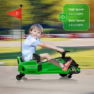 24V Kids Ride on Drift Car for Kids, Electric Drifting Go-Kart Up to 7.5 mph Variable Speed, Built-in Music,Colorful LED Light,USB,Low-Power Alarm,Green