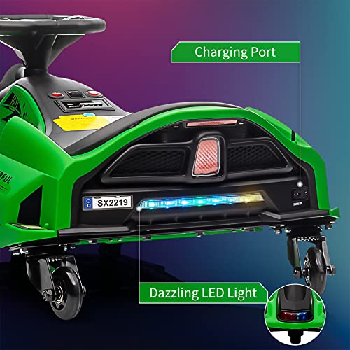 24V Kids Ride on Drift Car for Kids, Electric Drifting Go-Kart Up to 7.5 mph Variable Speed, Built-in Music,Colorful LED Light,USB,Low-Power Alarm,Green