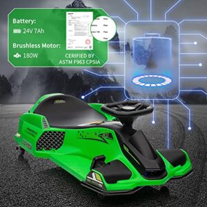24V Kids Ride on Drift Car for Kids, Electric Drifting Go-Kart Up to 7.5 mph Variable Speed, Built-in Music,Colorful LED Light,USB,Low-Power Alarm,Green