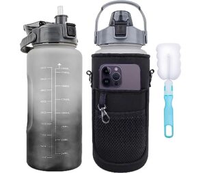 meperg 64 oz water bottles with times to drink, motivational reusable half gallon water bottle with straw, sleeve, strap, big bpa free water jug with time marker for sports