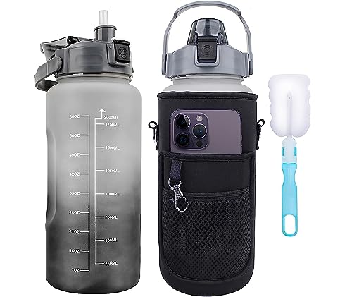 meperg 64 oz Water Bottles with Times to Drink, Motivational Reusable Half Gallon Water Bottle with Straw, Sleeve, Strap, Big BPA Free Water Jug with Time Marker for Sports