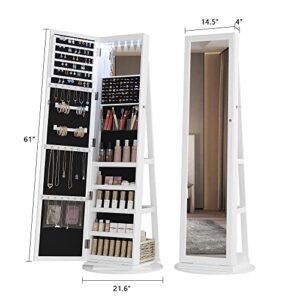 Lvifur 360° Rotating Jewelry Armoire 6 LEDS, Full Length Mirror Large Capacity Jewelry Organizer Armoire, Lockable Floor Standing Mirror for Bedroom, Cloakroom