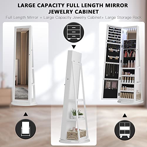 Lvifur 360° Rotating Jewelry Armoire 6 LEDS, Full Length Mirror Large Capacity Jewelry Organizer Armoire, Lockable Floor Standing Mirror for Bedroom, Cloakroom