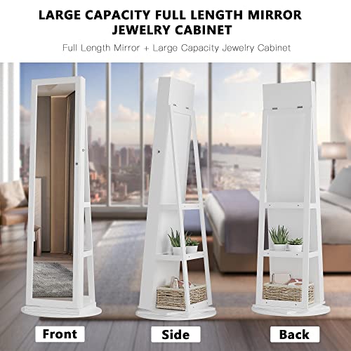 Lvifur 360° Rotating Jewelry Armoire 6 LEDS, Full Length Mirror Large Capacity Jewelry Organizer Armoire, Lockable Floor Standing Mirror for Bedroom, Cloakroom