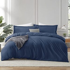 hearth & harbor navy blue duvet cover queen size - 3 piece queen duvet cover set, soft double brushed queen size duvet covers with button closure, 1 duvet cover 90x90 inches and 2 pillow shams