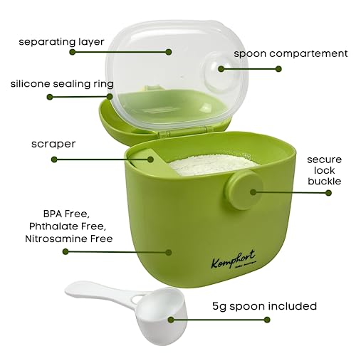 Komphort Baby Formula Dispenser with Scoop and Leveller, Baby Milk Powder Formula Dispenser on The go. (Green) Travel Container Portable Fruit Snack Storage
