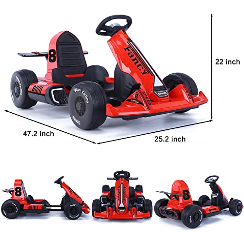 Fisca Electric Ride On Go Kart for Kids, 12V Dual 550 Motors Racing Go-Kart with Lights, 2 Speed Modes & Adjustable Length, Remote Control Mode, Electric Karting Vehicle for Boys and Girls Age 3-16
