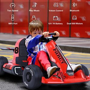Fisca Electric Ride On Go Kart for Kids, 12V Dual 550 Motors Racing Go-Kart with Lights, 2 Speed Modes & Adjustable Length, Remote Control Mode, Electric Karting Vehicle for Boys and Girls Age 3-16