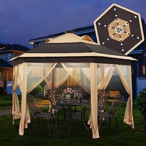 Yaheetech 13′ × 13′ Pop-Up Patio Gazebo Tent W/Mesh Netting Sides & 25 Solar LED Lights, Hexagonal Double Vented 3 Height Adjustable Gazebo with Storage Bag for Backyard, Garden, Lawn, Khaki & Brown