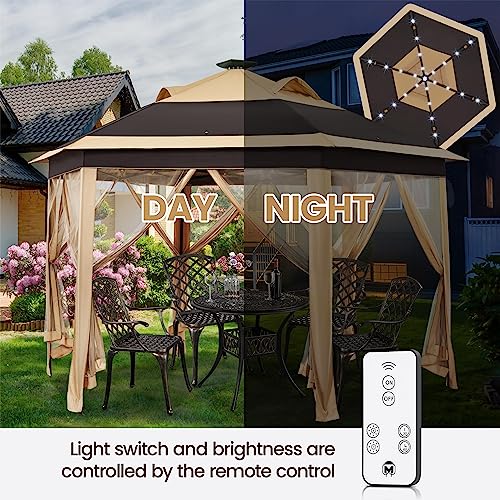 Topeakmart Instant Pop-up Gazebo 13 x 13 Canopy Tent Shelter with 25 Solar LED Lights, Mesh Netting Sides, Storage Bag, Bonus Weight Sandbags, Stakes, Ropes, Khaki & Brown