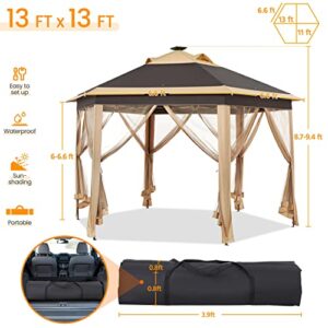 Topeakmart Instant Pop-up Gazebo 13 x 13 Canopy Tent Shelter with 25 Solar LED Lights, Mesh Netting Sides, Storage Bag, Bonus Weight Sandbags, Stakes, Ropes, Khaki & Brown