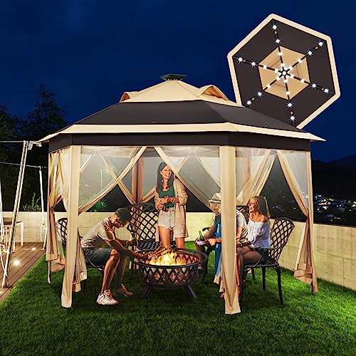 Topeakmart Instant Pop-up Gazebo 13 x 13 Canopy Tent Shelter with 25 Solar LED Lights, Mesh Netting Sides, Storage Bag, Bonus Weight Sandbags, Stakes, Ropes, Khaki & Brown