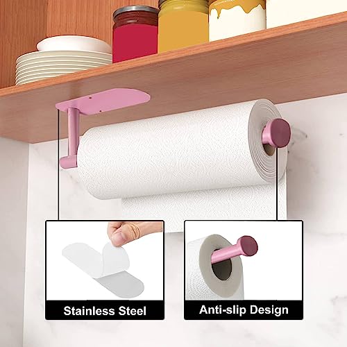 YeeBeny Pink Paper Towel Holder Kitchen Roll Holder, Paper Towel Holder - Self Adhesive or Drilling, Under Cabinet Pink Paper Towel Rack, Wall Mounted Paper Towel Roll Holder for Kitchen Paper Towel