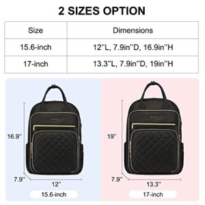 LOVEVOOK Laptop Backpack for Women, 15.6 Inch Computer Backpack for Teacher Nurse with Water Resistant, Lightweight Travel Work Backpack with USB Charging Port, Quilted Commuter Backpack purse, Black