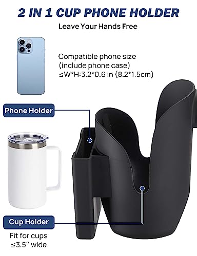 JOYTUTUS Cup Holder for Wheelchair, 2 in 1 Water Bottle Holder and Phone Bracket, Universal Drink Cup Holder for Walker, Rollator, Stroller, Scooter