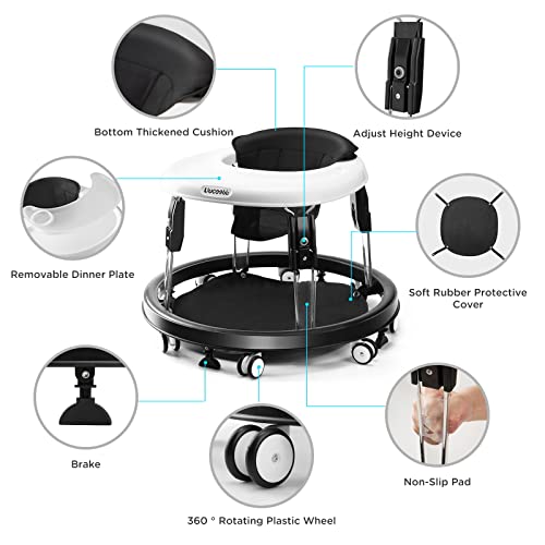 Uuoeebb One-Touch Folding Baby Walker, Anti-Roll 8-Wheel Round Chassis, 5-Speed Height Adjustment, with Large Dinner Plate and Brake. 6-18 Months Baby Walker.