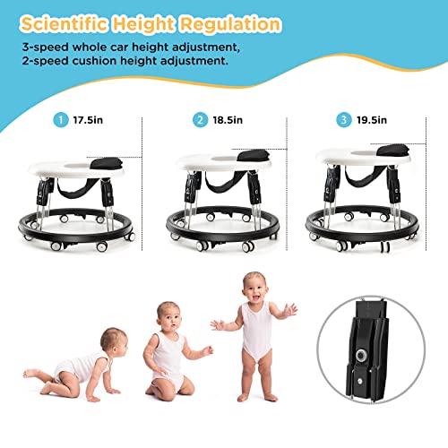 Uuoeebb One-Touch Folding Baby Walker, Anti-Roll 8-Wheel Round Chassis, 5-Speed Height Adjustment, with Large Dinner Plate and Brake. 6-18 Months Baby Walker.