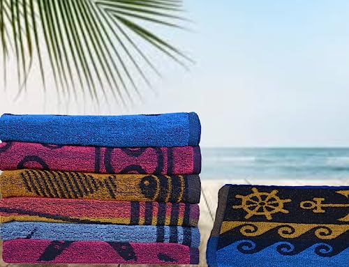 BolBom's Terry Cotton Beach Towel, Set of 6 Assorted Beach Towel, Oversize 30" x60” Quick Dry High Absorbent Towel for Beach,Travel,Swim,Pool,Yoga, Hotel,Parties,Guests & Perfect for Daily Use