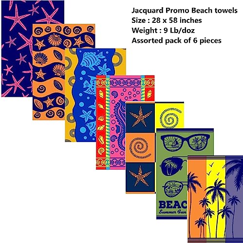 BolBom's Terry Cotton Beach Towel, Set of 6 Assorted Beach Towel, Oversize 30" x60” Quick Dry High Absorbent Towel for Beach,Travel,Swim,Pool,Yoga, Hotel,Parties,Guests & Perfect for Daily Use