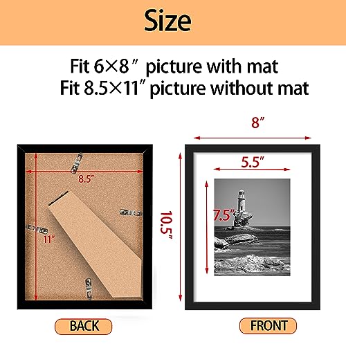 8.5x11 Picture Frame Set of 5, Display Pictures 6x8 with Mat or 8.5x11 Without Mat, Wall Gallery Photo Frames or Tabletop Display