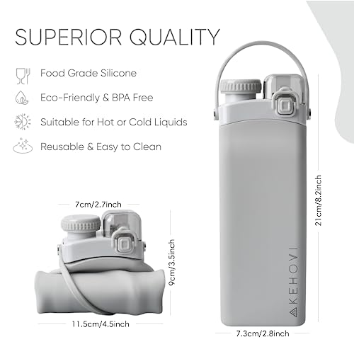 KEHOVI Collapsible Silicone Water Bottle - Reusable Foldable Bottle- Portable Bottle - Essential for Sports Gym Camping Hiking – Travel Must Have - Leak Proof - BPA Free - 20.5 oz (Platinum Gray)