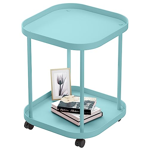 villertech Side Table with Wheels, End Table Living Room Plastic Mobile Sofa Side Table Small Night Stand Bedroom Blue