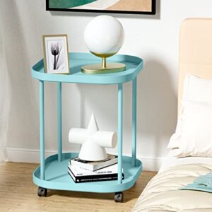 villertech Side Table with Wheels, End Table Living Room Plastic Mobile Sofa Side Table Small Night Stand Bedroom Blue